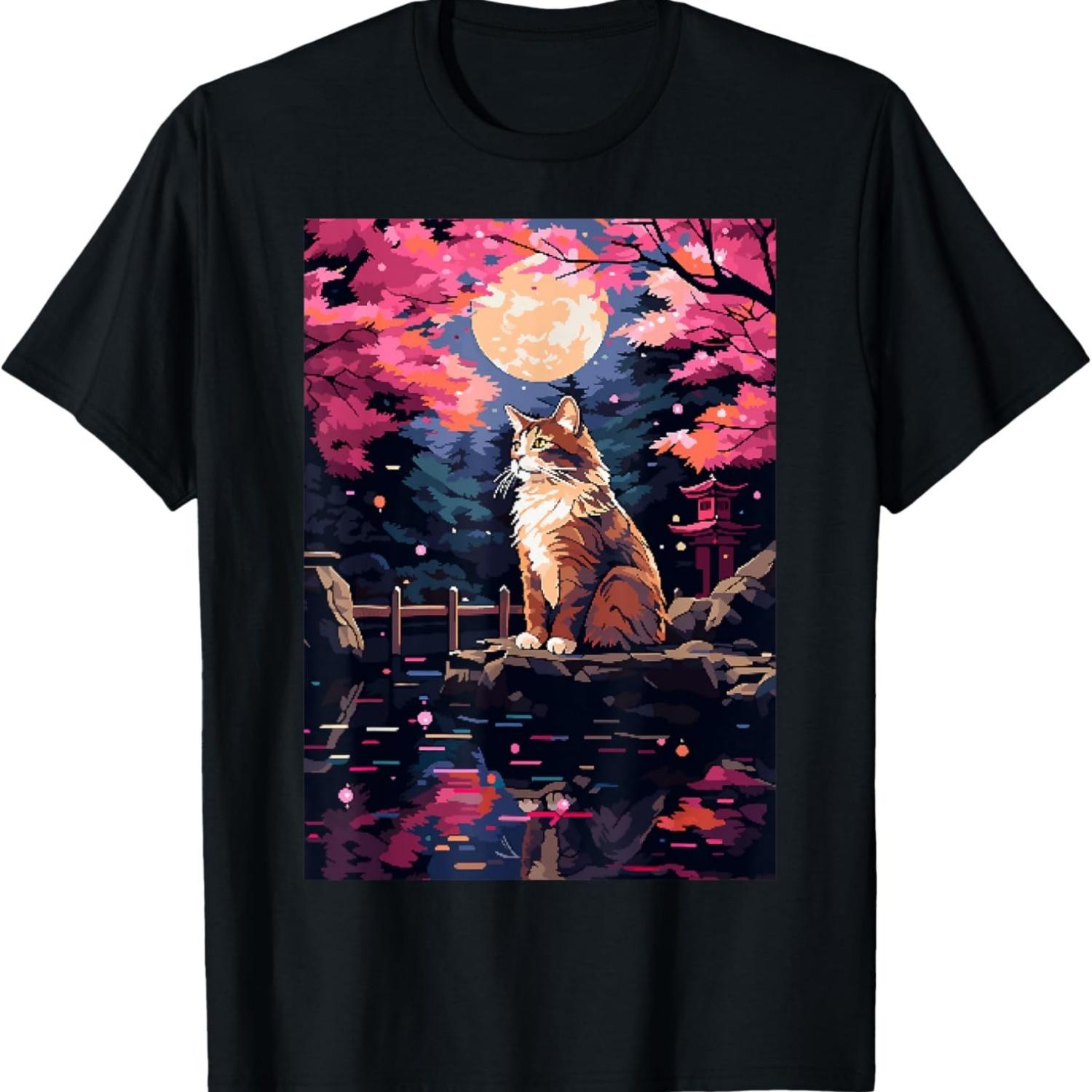 Garden Cat Peaceful Cherry Blossom Pixel Art T-Shirt S чёрный
