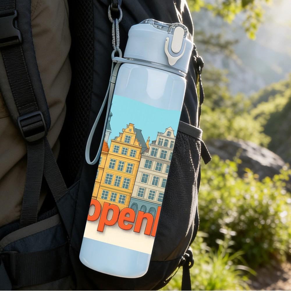 1PC Copenhagen City Building Print 750ml Color Plastic Sports Water Bottle Leakproof Flip Straw Lid Suitable for Sports Office Home Use