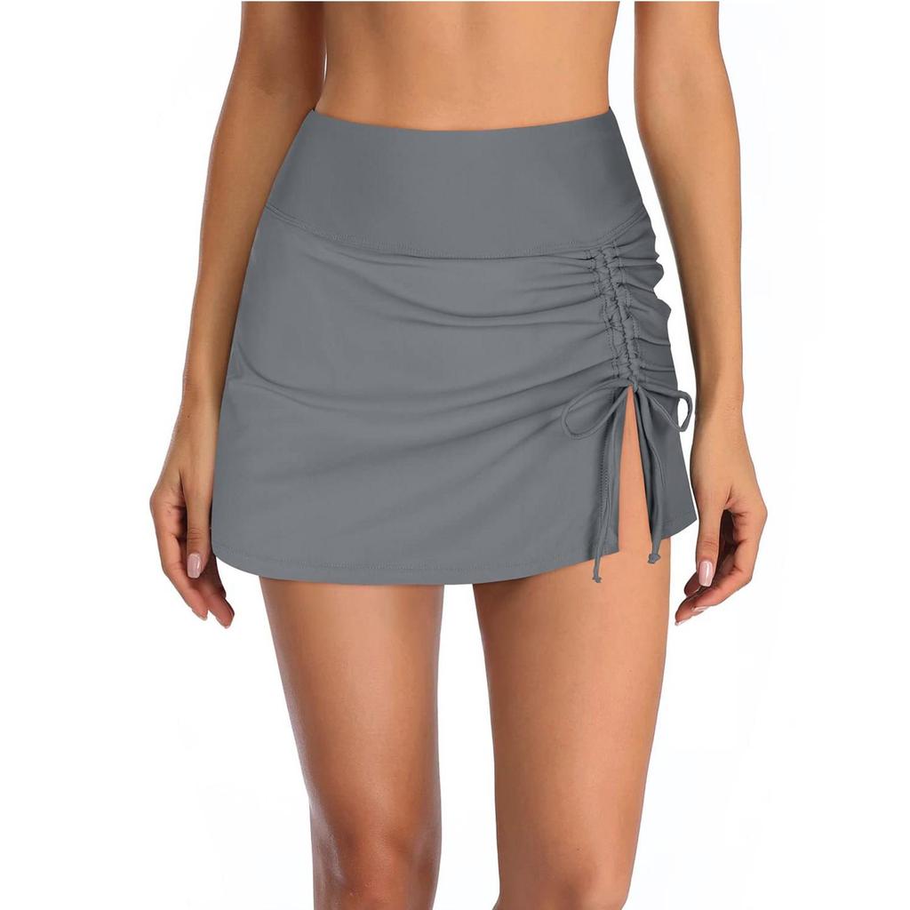 Women's Fashion Sexy Solid Color High Waist Pleated Slit Drawstring Swimming Briefs Double Skirt Swimming Trunks