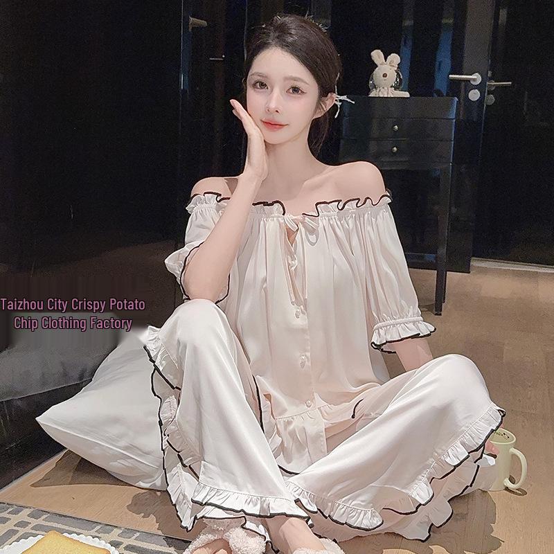 Ice Silk French Sweetheart Pajama Set - Short Sleeve, One-Shoulder, Women's Summer Loungewear