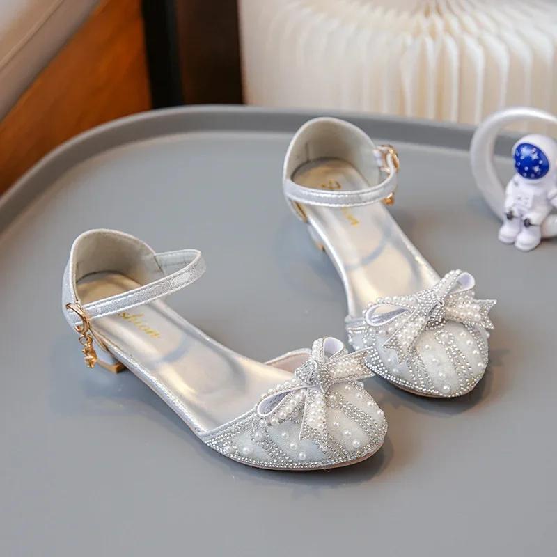Girls' Bow Sandals 2025 Summer New Fashion Princess Shoes for Party Wedding Kids Rhinestone High Heels Children's Leather Shoes