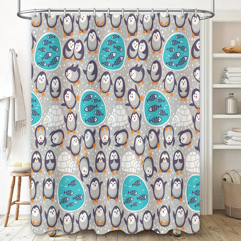 Cute Penguin Shower Curtain Waterproof Farmhouse Bathroom Decor Set Blue Gray Modern Coastal Ocean Animal Pattern Fabric Backdro