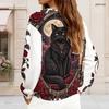 Women Plus Size V Neck Half Zip Long Sleeve Gothic Castle Raven Rose Printed Sweatshirt