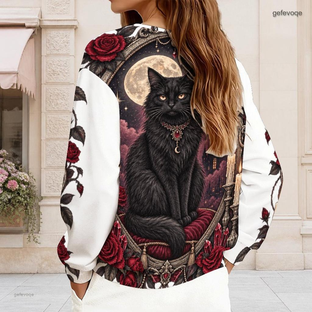 Women Plus Size V Neck Half Zip Long Sleeve Gothic Castle Raven Rose Printed Sweatshirt