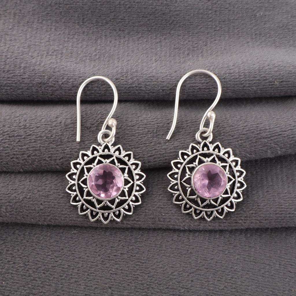 Rosa Kunzit Ohrring, Handgefertigter Edelstein 925 Massiv Sterlingsilber Ohrring Antikschmuck, Für Verlobungsgeschenk