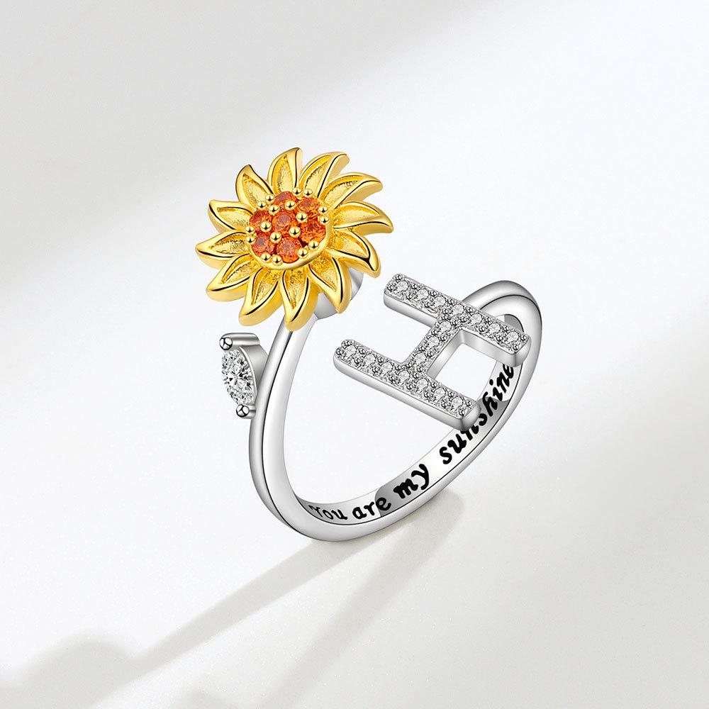 Creative Sunflower Rotating Ring 26 Letters Adjustable Open Design Women's Fashion Finger Jewelry Daily Wear & Gift Accessories