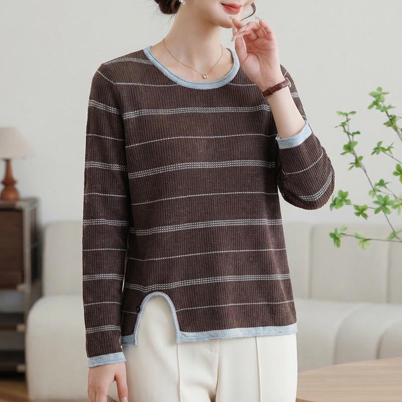 

Women s French Color Block Stripe Wool Blend Maternity Sweater - Stylish Round Neck for Middle-Aged & Elderly Fashion M (45-55 kg) кофейный