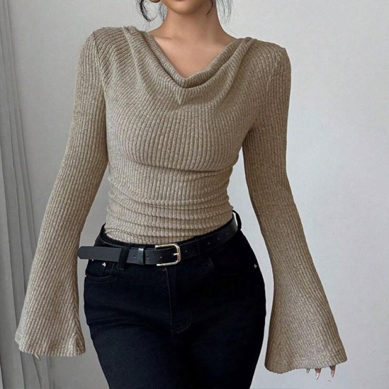 Womens Long Sleeve T-Shirt With Asymmetrical Hem Slim Fit Off-Shoulder Neckline Casual Loose Top Daily Wear