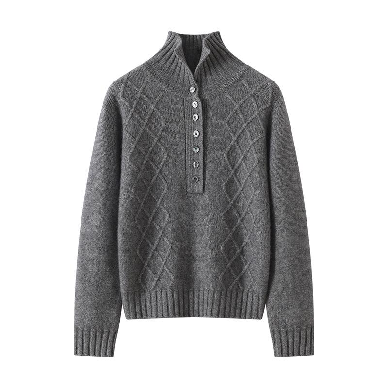Cashmere Cable Knit Polo Collar Loose Long-Sleeve Sweater for Autumn/Winter