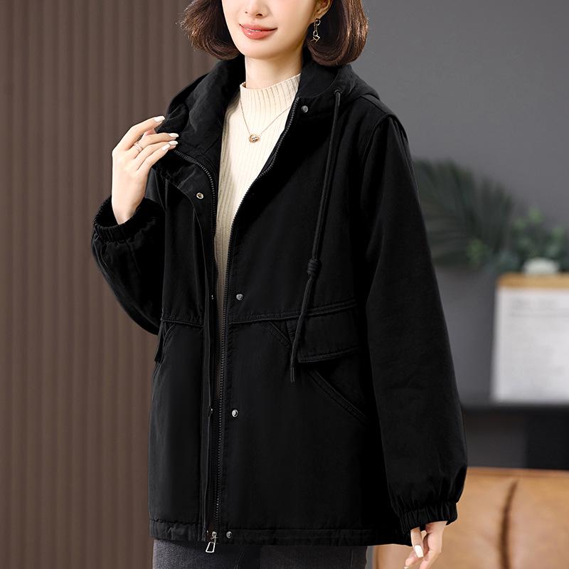 Women's 2024 Mid-Length Hooded Cotton Parka - Fleece-Lined, Solid Color, Casual Loose Fit, Winter Coat