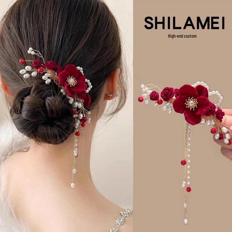 Red Camellia Tassel Hair Clips for Bridal Updo or Evening Gown
