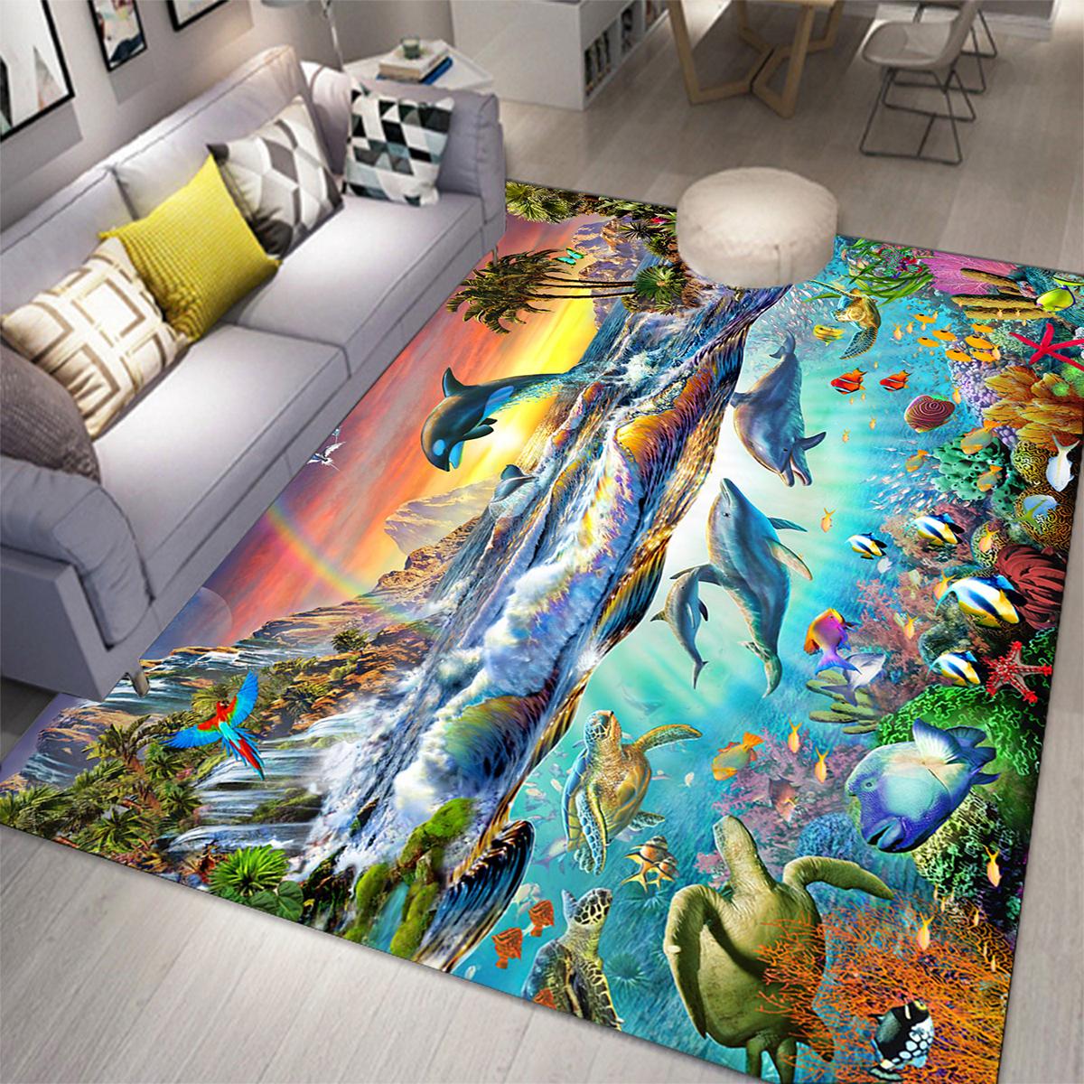 

Ковер Ocean World 3D ковры с дельфинами для гостиной, спальни, декор, ковер, фланелевой домашний напольный коврик, коврики для океана, коврики 100cm x 120cm