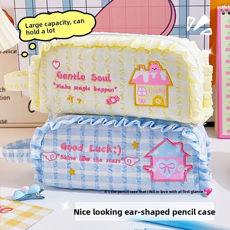 Girls Heart Canvas Pencil Case With Large Capacity And Lace Embroidery For School Supplies