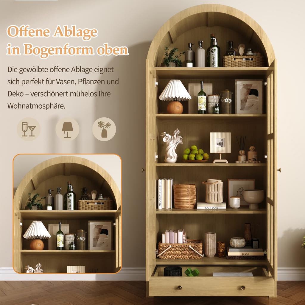 Moderner hoher Schrank in Bogenform mit Einlegeböden und Schublade - Vitrine mit höhenverstellbaren Regalen für Wohnzimmer, Arbeitszimmer, Esszimmer