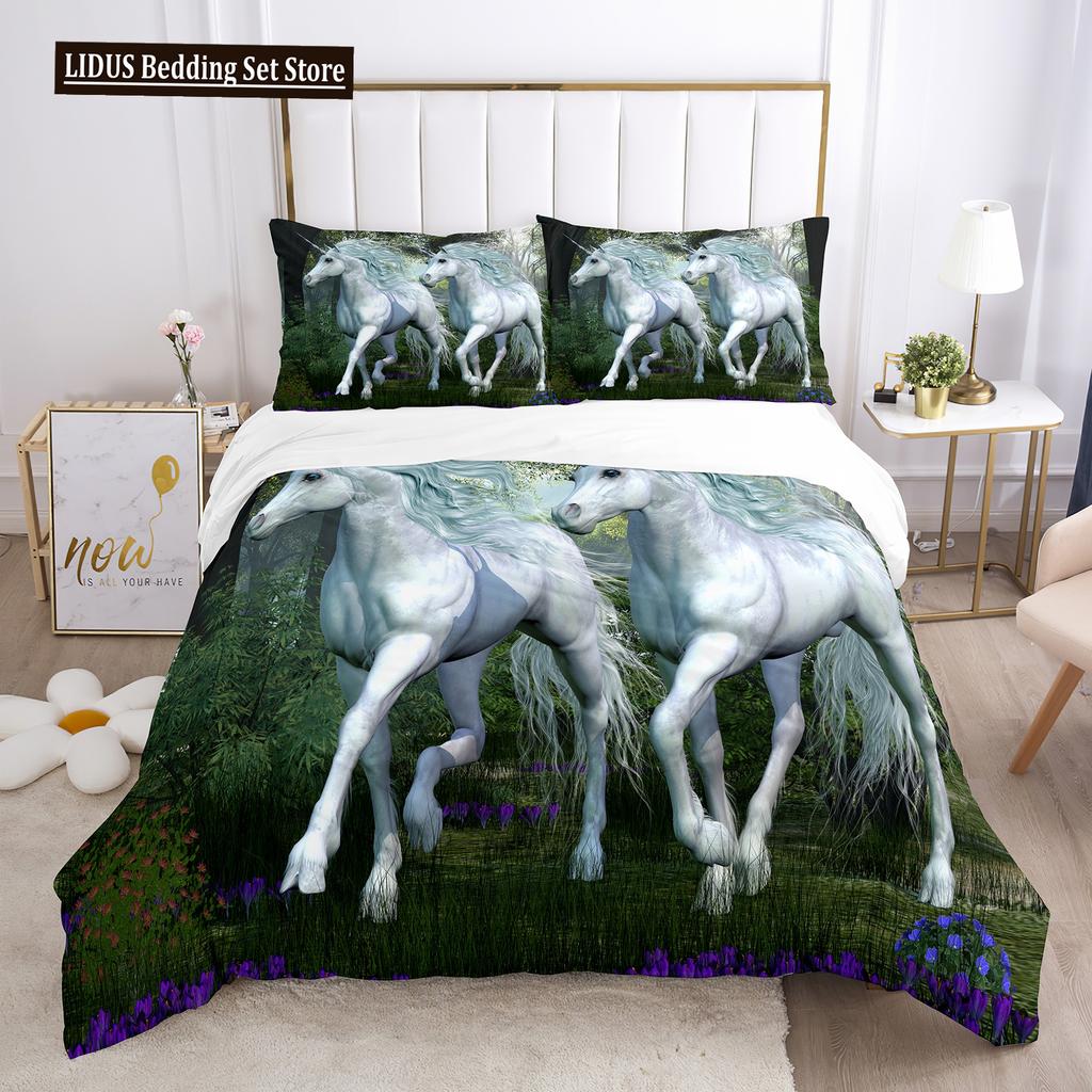Unicorn Duvet Cover Set White Horse With Wing 3D Print King Size Polyester Comforter Cover For Kids Bedding Set With Pillowcase