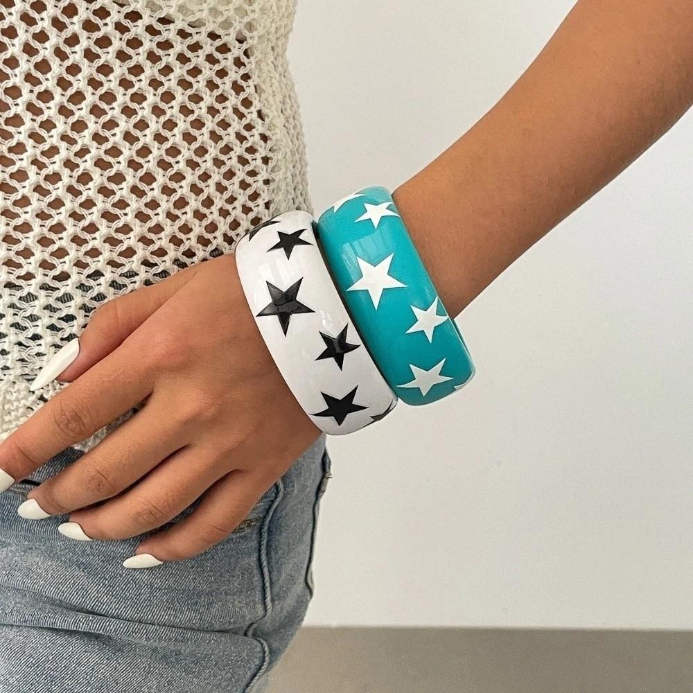 Korean Ins Star Wide Bracelet Resin Pentagram Hand Ring Exaggerated Y2k Star Bangle Decoration