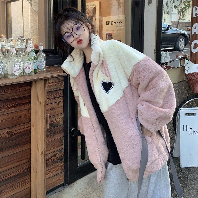 

Корейские толстовки с вышивкой сердца в стиле кавай для девочек, женские милые мягкие бархатные повседневные толстые пальто на молнии XXL розовый