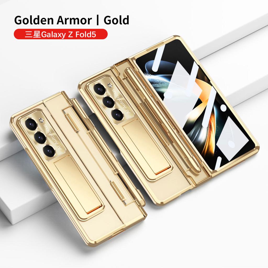 Plating Clear Armor Hinge Case for Samsung Galaxy Z Fold 6 5 4 3 with Touch Pen 360 Full Protector Shockproof Kickstand Cover