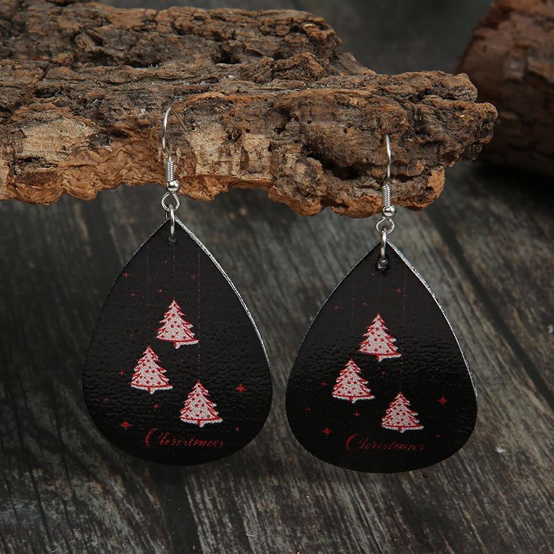 Pink Christmas Tree Pattern Leather Earrings for Women - Creative Letter Design