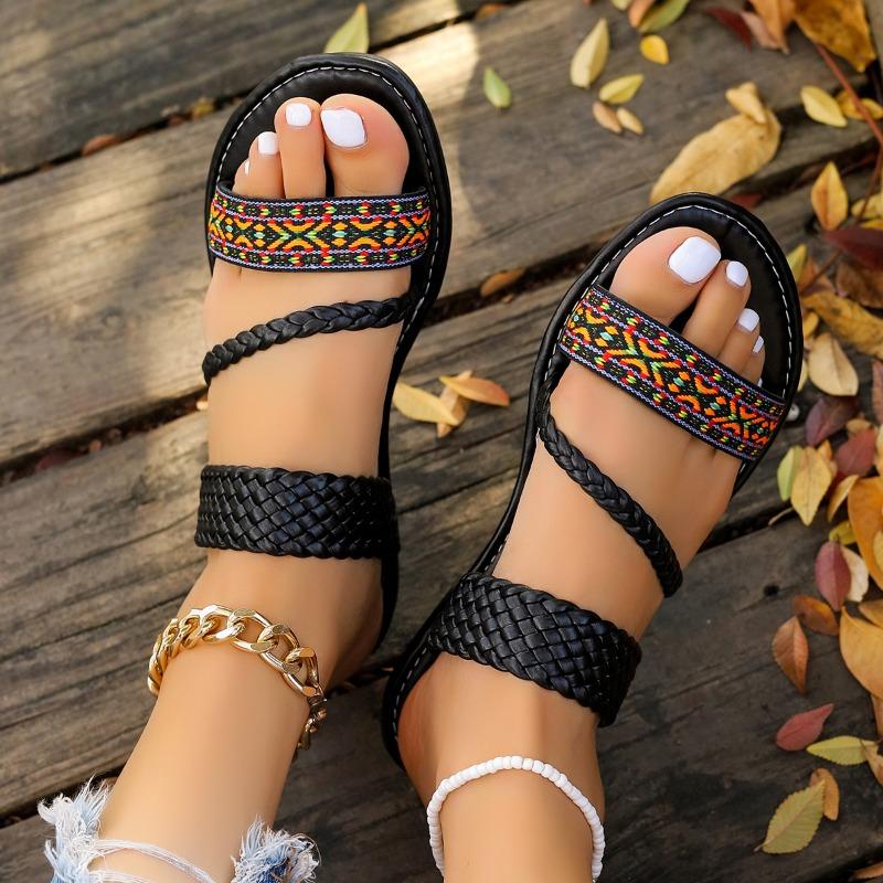 Fashion 2024 Plus Size Shoes for Women Casual Women's Slippers Outdoor Daily Slippers Women Mixed Color Weave Round Toe Flat with Sandal