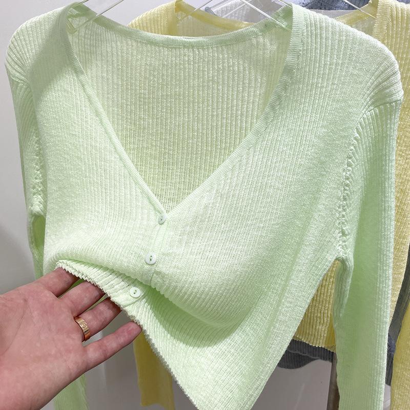 Women's V Neck Long Sleeve Slim Fit Knit Cardigan Single Breasted Short Knit Top