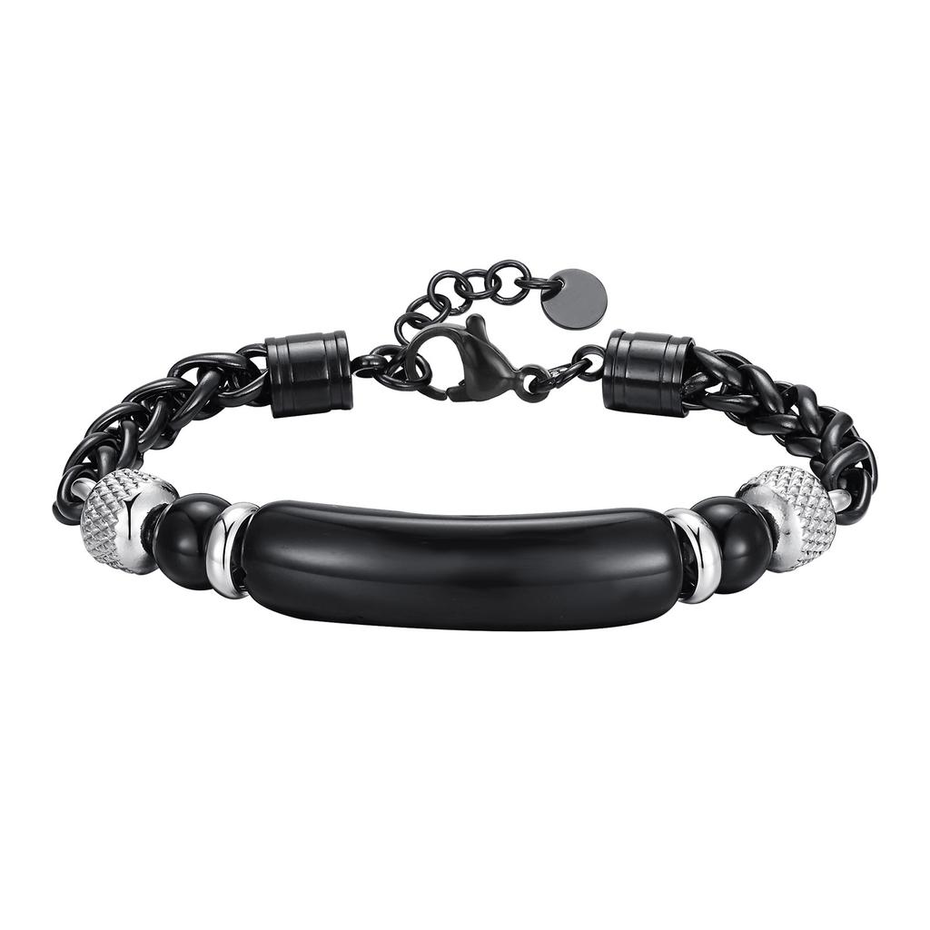 Vnox Natural Stone Tiger Eye Bar Beads Bracelets for Men, Adjustable Stainless Steel Wheat Chain Link Bracelet, Punk Jewelry