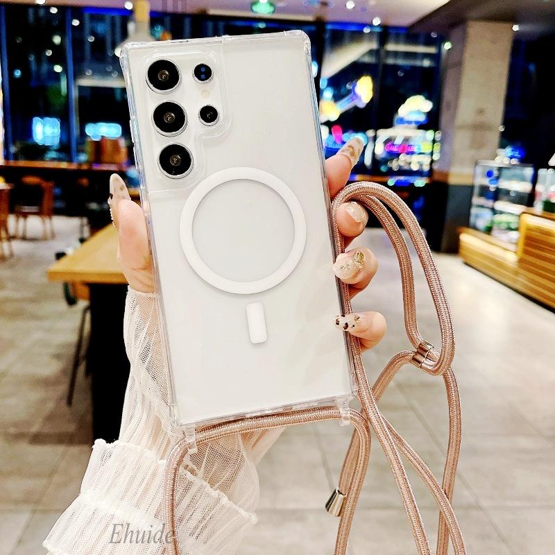 Magnetic Strap Case For Samsung Galaxy S26 Ultra S23 S24 Plus S25 Plus Crossbody Lanyard Clear Wireless Charging Clear Cover