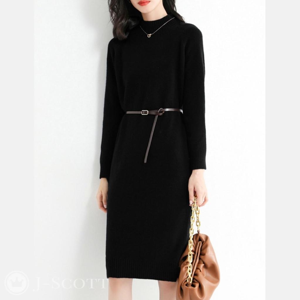Knit Long Solid Mock Ribbed J-Scott Women's Dress, Knee-Length, Sleeves, Color, Neck, I-Line, Simple, Soft, Black, JS22-BK-XL