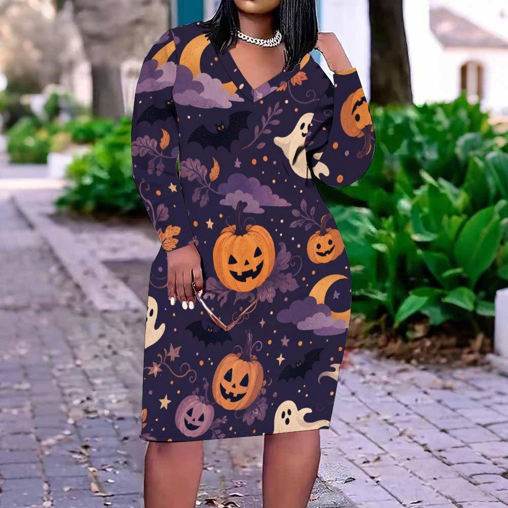 Women Plus Size Dark Purple Halloween Printed V Neck Long Sleeve Fitted Midi Dress