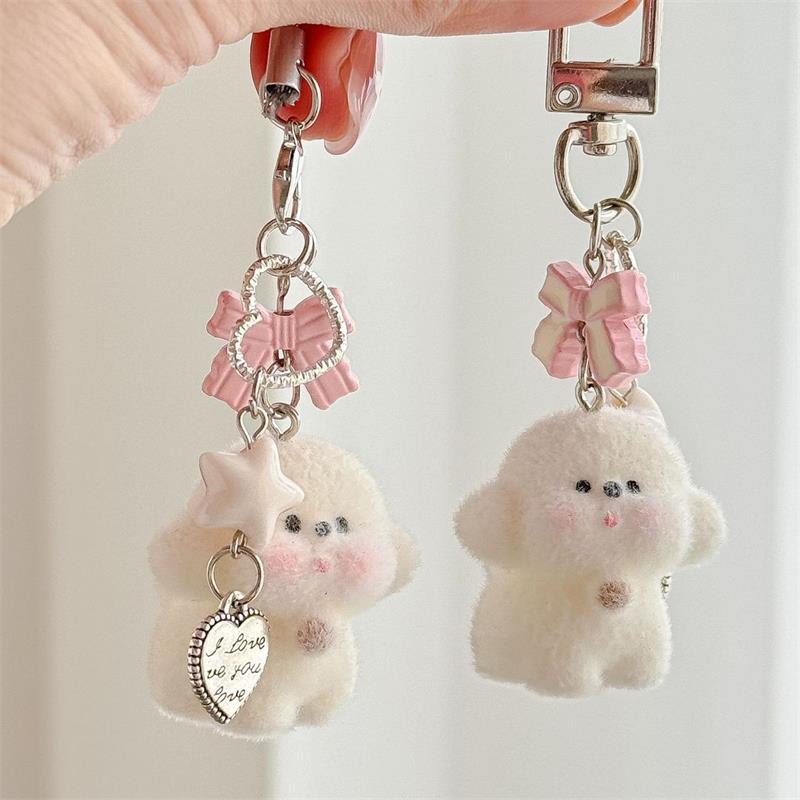 Cute Cartoon Lovely Animal Flocking Bear Puppy Bow Beaded Keychain Pendant Backpack Ornament Bag Lanyard Phone Chain Couple Gift