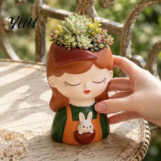 Decorative Resin Desktop Accessory Cute Head Planter, Succulent Little Girl Flower Pot, Human Flowerpot for Plants Face Cactus Container, Bonsai