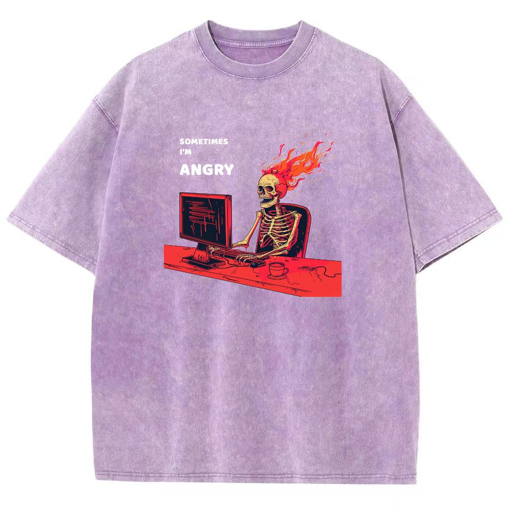 Skull Play Computer Print Women's T-Shirt Cotton Wash Oversized Loose Short Sleeve Design High Street Top Summer