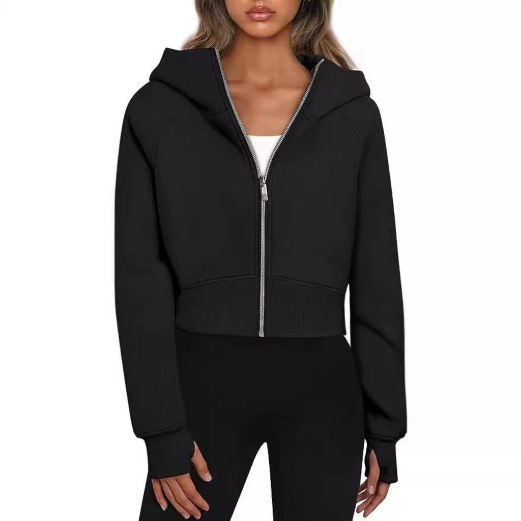 Women's Hooded Long Sleeve Full Zip Cropped Jacket Slim Fit Solid Color Casual Autumn Sweatshirt