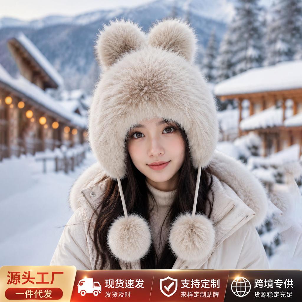 Imitation Mink Hair Rabbit Ears Lei Feng Hat Women's Winter Cute Plush Ear Protection Hat Northeast Cold Warm Hat