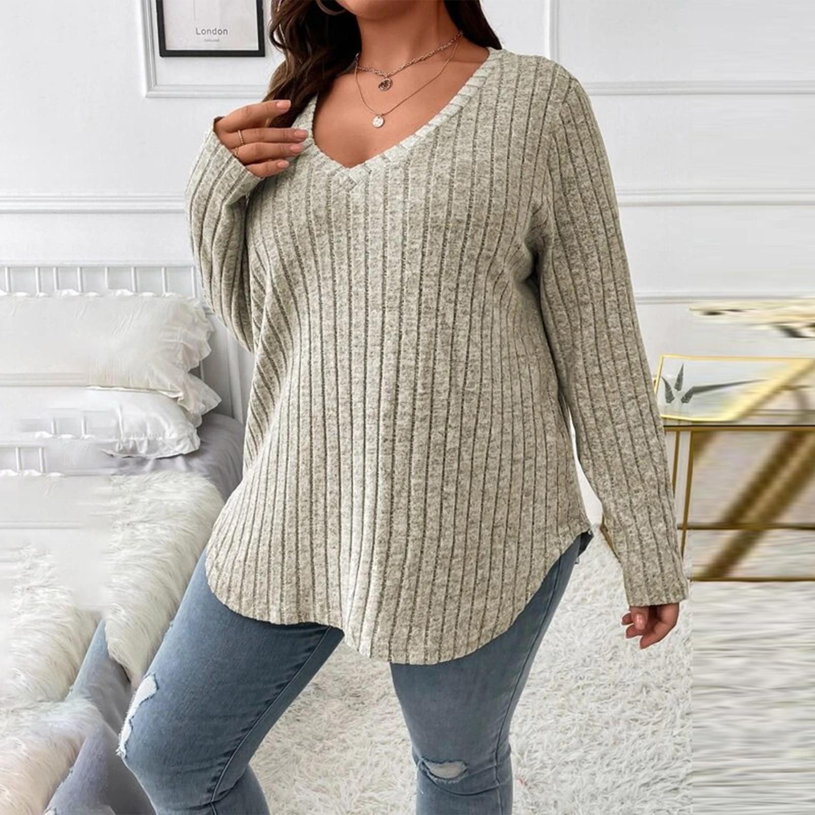 

Женские И Зимние Однотонные Большого Размера Топы V-образный вырез Длинный рукав Полоска Фрезерованная Свободная Футболка-пуловер XXL хаки