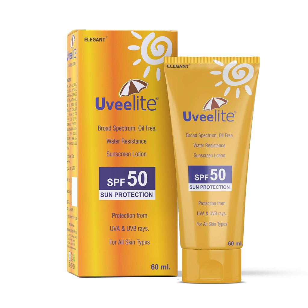 Uveelite Sonnencreme LSF 50 Lotion 60ml | Breitbandschutz, Nicht klebrig, Ölfrei, Wasserbeständig, Leicht & Zieht ein | Schützt vor UVA & UVB