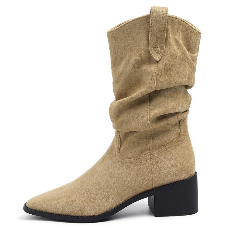 Lan Cabinet Edition~ Frosted Suede V-mouth Western Cowboy Boots Women's Retro Wind Middle Boots High Heel Sleeve Stacking Boots
