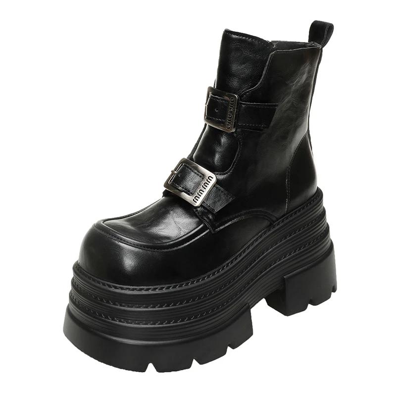 Fashion New Women's Leather Ankle Boots Autumn Winter 10CM Heels Chunky Sneakers Short Boots Woman Zip Motorcycle High Platform Botas