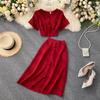 Solid Color Home Wear Women's V-neck Short-sleeved Pleated Blouse + High-waisted Slimming Single-breasted Skirt Pajamas