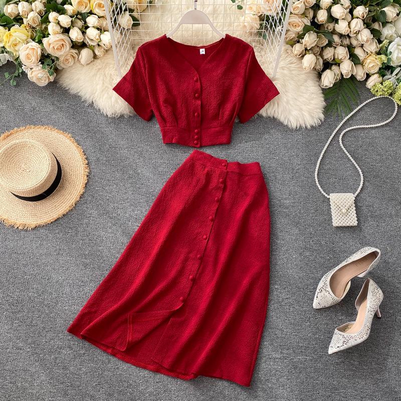 Solid Color Home Wear Women's V-neck Short-sleeved Pleated Blouse + High-waisted Slimming Single-breasted Skirt Pajamas
