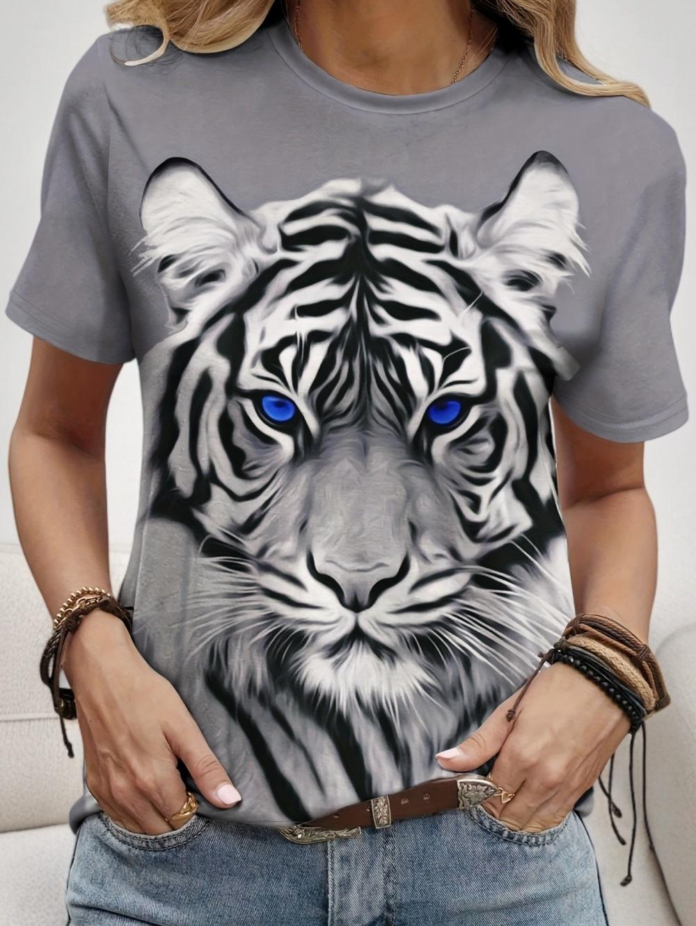 Women s Summer T-Shirt Super Cute Tiger Print Cute Animal Style Short Sleeved Tops Casual Fashion Streetwear Tee Women s Clothes S
