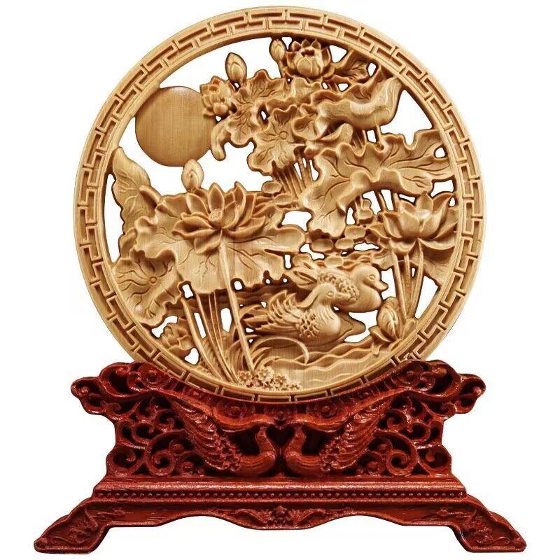 Wood Carving Dragon and Phoenix Round Carving Art Statue Mascot High Quality Home Room, Office Decoration Accessories