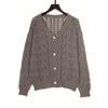 Women's Vintage Knitted Sweater Hollow Out Breathable Button Cardigan V-Neck Outer Solid Colour Top