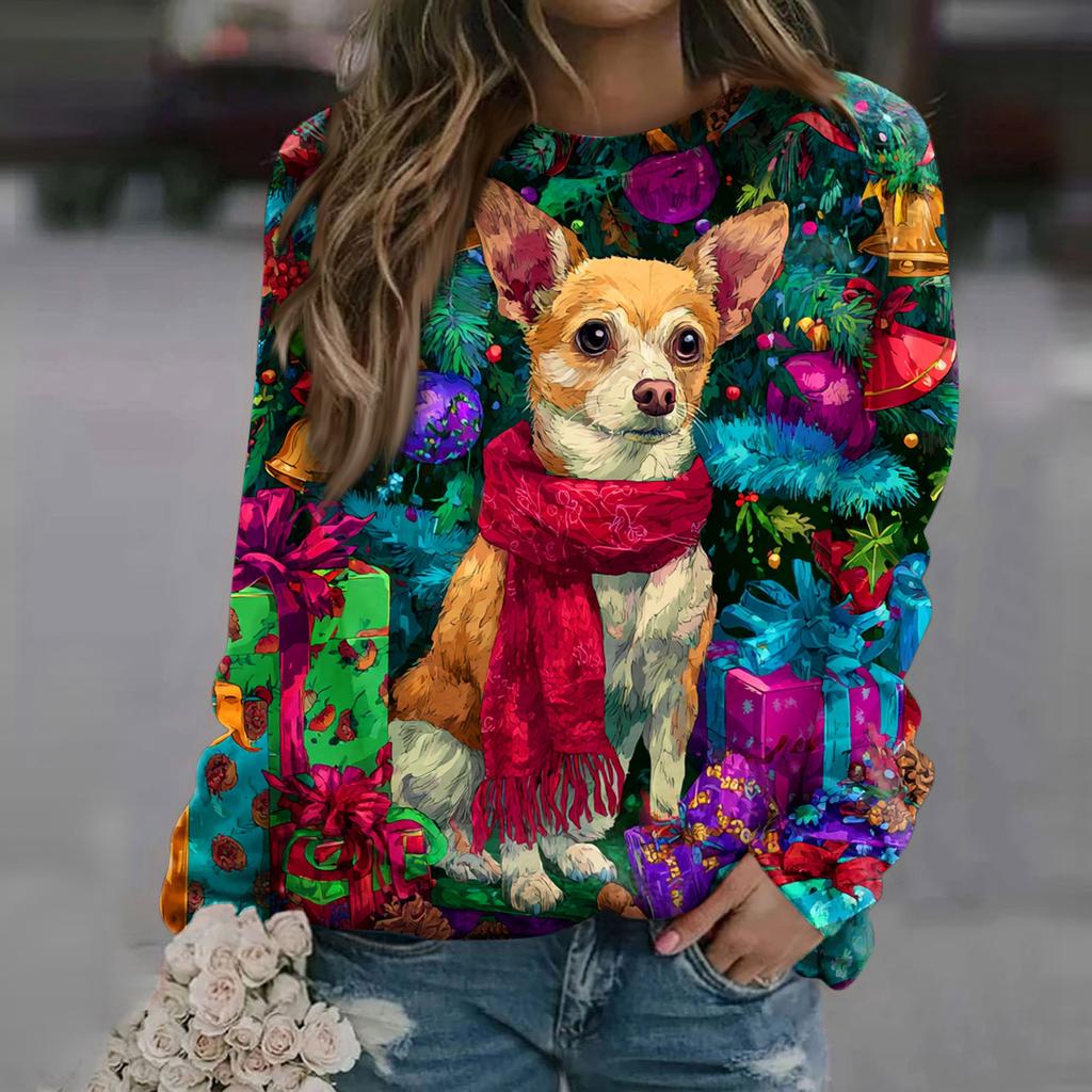 Women's Fashion Casual Long Sleeve Christmas Printed Neck Sweatshirt Top