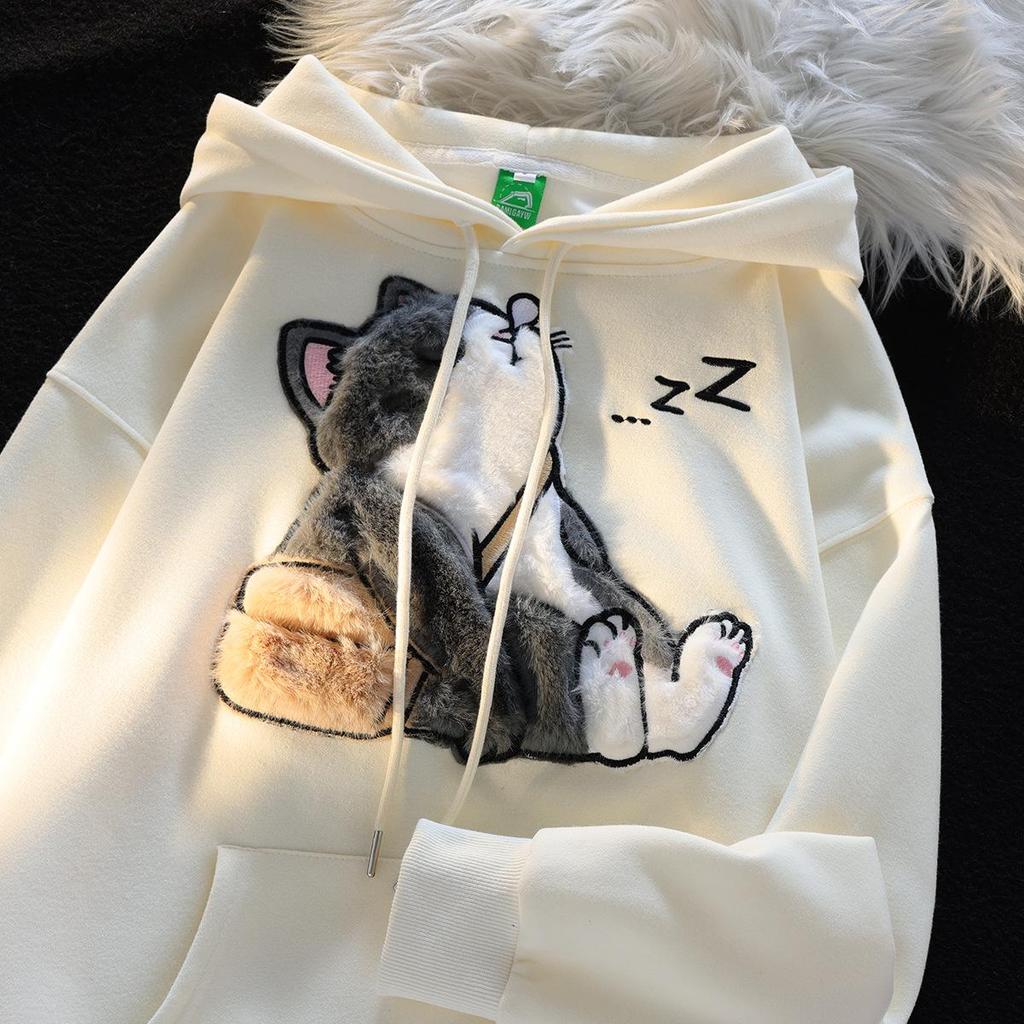 Retro Japanese Cat Flocking Hooded Sweater: Unisex Chic School-style Jacket