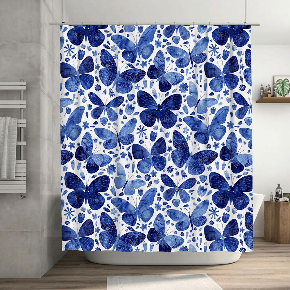 Blue Butterfly Flower Shower Curtain Waterproof Decorative Bathroom Fabric 3D Printed Wall Hangings for Home Decoration Large Si