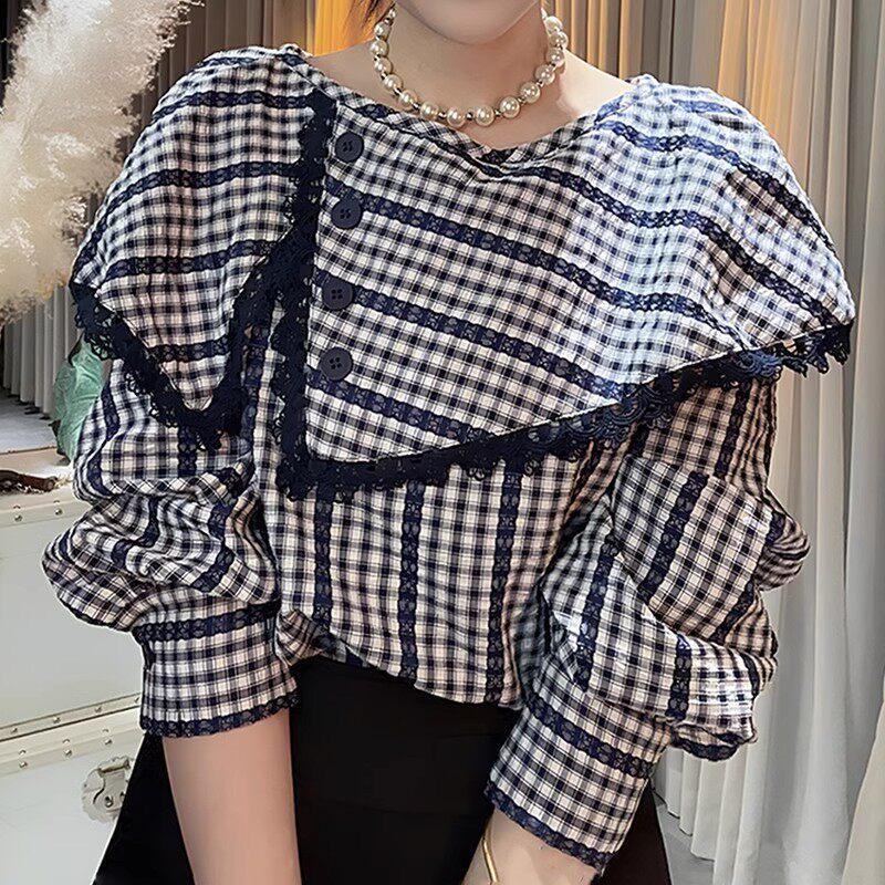 Women s French Retro Plaid Ruffle Long Sleeve Shirt - Chic Spring/Autumn Top S темно-синий