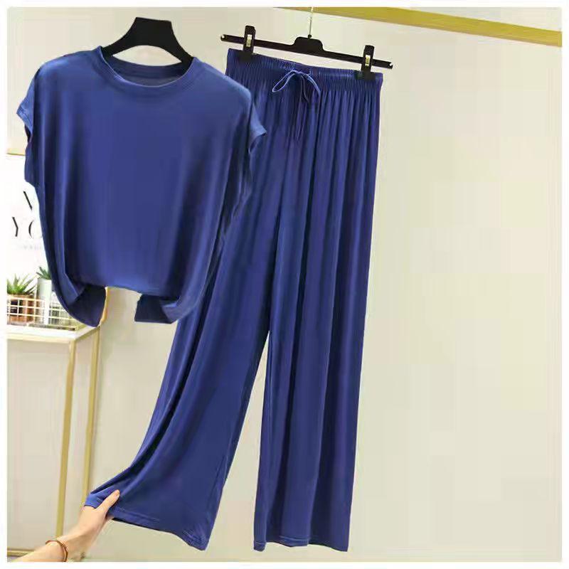 Modal Loose Homewear Set O-neck Tshirts Short Sleeves and Wide Leg Pants Casual Streetwear Suit All Match