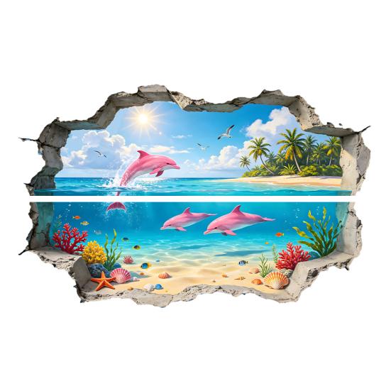 2 Pcs 3D Beach Seaside Wall Decals, Ocean Dolphin Seagull Palm Tree Wall Sticker for Kids Toddlers Bedroom, Living Room, Nursery синий