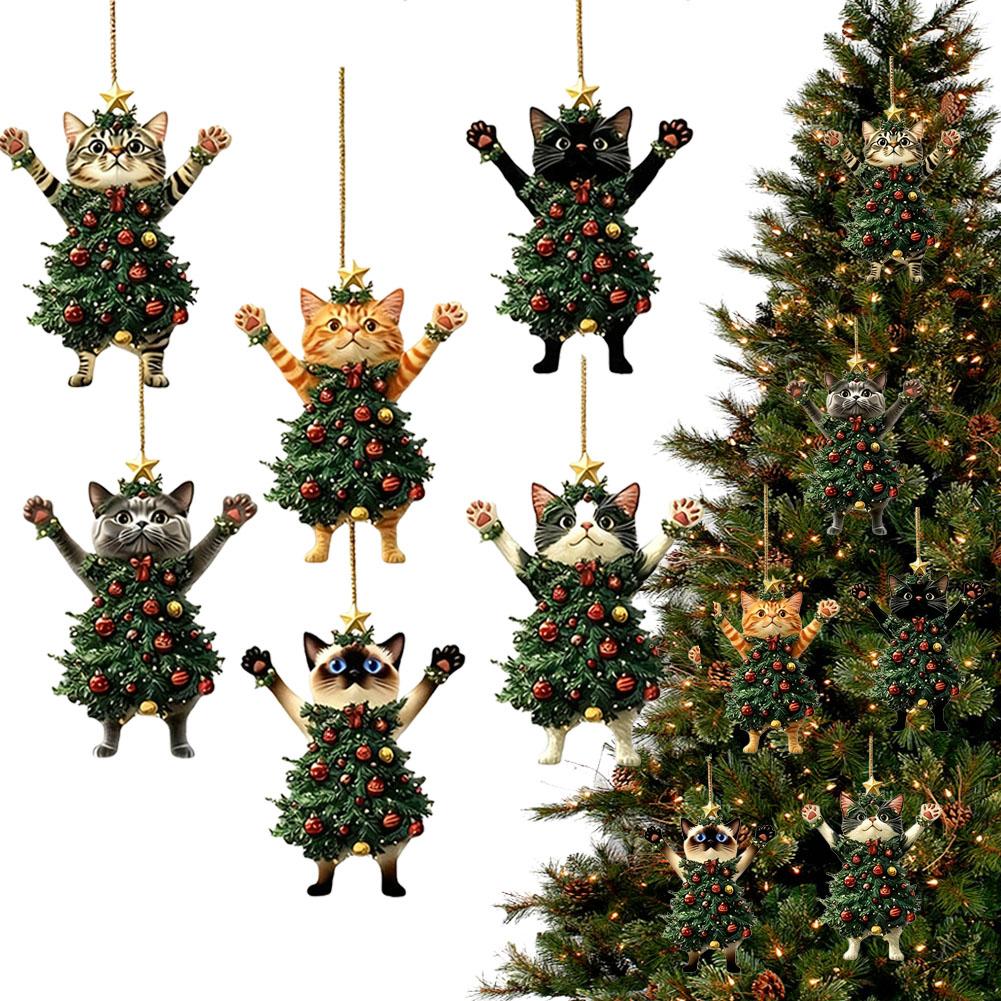 Christmas Tree Pendants Acrylic Cute Cat Hanging Ornaments 2D Christmas Cat Pendant 2D Flat Acrylic Christmas Tree Decorations
